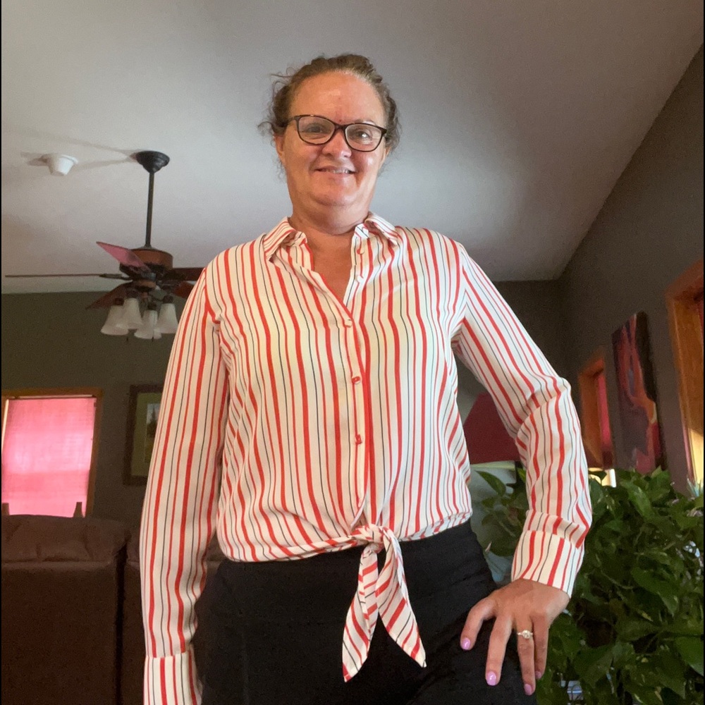Shirt.Long sleeve summer button up. Fresh stripes. Black Tape is brand.